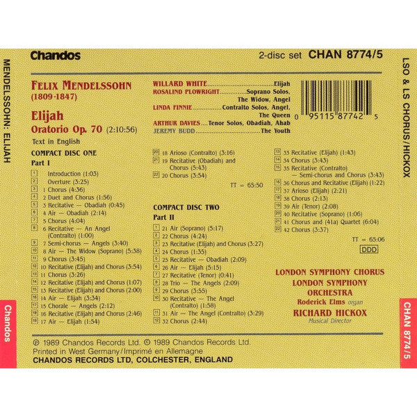 Richard Hickox, London Symphony Chorus, London Symphony Orchestra, Felix Mendelssohn-Bartholdy - Elijah (2xCD, Album) (Near Mint (NM or M-)) - Image 2