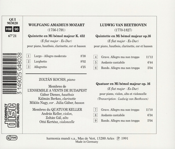Wolfgang Amadeus Mozart / Ludwig van Beethoven, Zoltán Kocsis, Budapest Wind Ensemble, Keller Quartet - Quintettes Pour Piano Et Vents (CD, Album) (Near Mint (NM or M-)) - Image 2