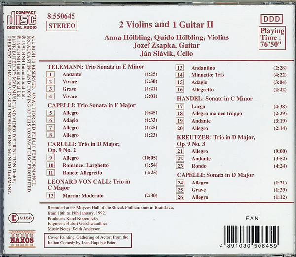 Georg Philipp Telemann, Giovanni Maria Capelli, Ferdinando Carulli, Leonhard Von Call, Georg Friedrich Händel, Joseph Kreutzer - Anna Hölblingová, Quido Hölbling, Jozef Zsapka, Ján Slávik - 2 Violins And 1 Guitar II (CD, Album) (Near Mint (NM or M-)) - Image 2
