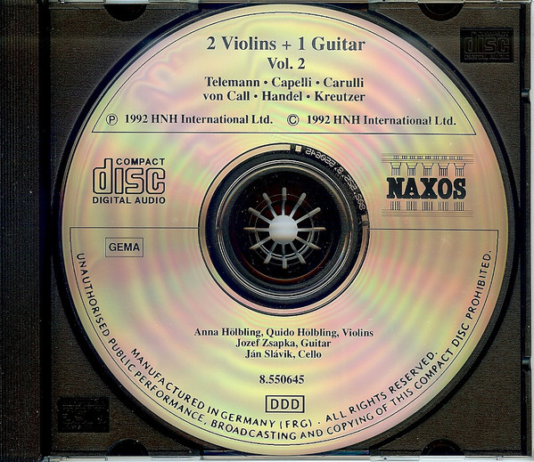 Georg Philipp Telemann, Giovanni Maria Capelli, Ferdinando Carulli, Leonhard Von Call, Georg Friedrich Händel, Joseph Kreutzer - Anna Hölblingová, Quido Hölbling, Jozef Zsapka, Ján Slávik - 2 Violins And 1 Guitar II (CD, Album) (Near Mint (NM or M-)) - Image 3