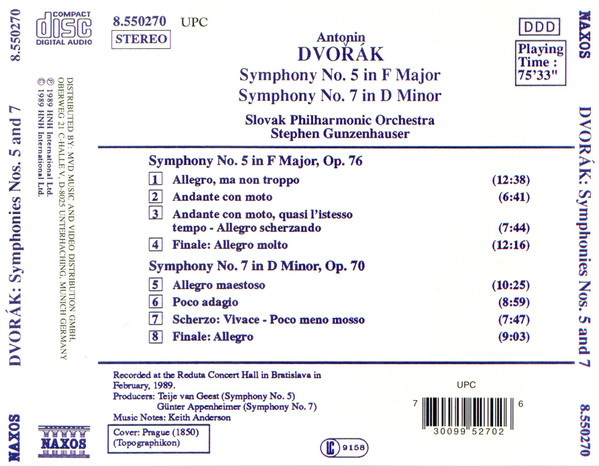Antonín Dvořák, Slovak Philharmonic Orchestra, Stephen Gunzenhauser - Symphonies No.5, Op. 76 • No. 7, Op. 70 (CD, Album) (Near Mint (NM or M-)) - Image 2