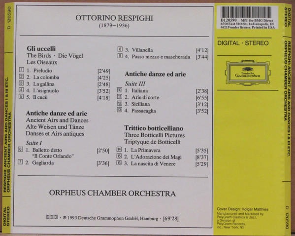 Ottorino Respighi • Orpheus Chamber Orchestra - Ancient Airs And Dances I & III • Three Botticelli Pictures • The Birds (CD, Album, Club) (Near Mint (NM or M-)) - Image 2