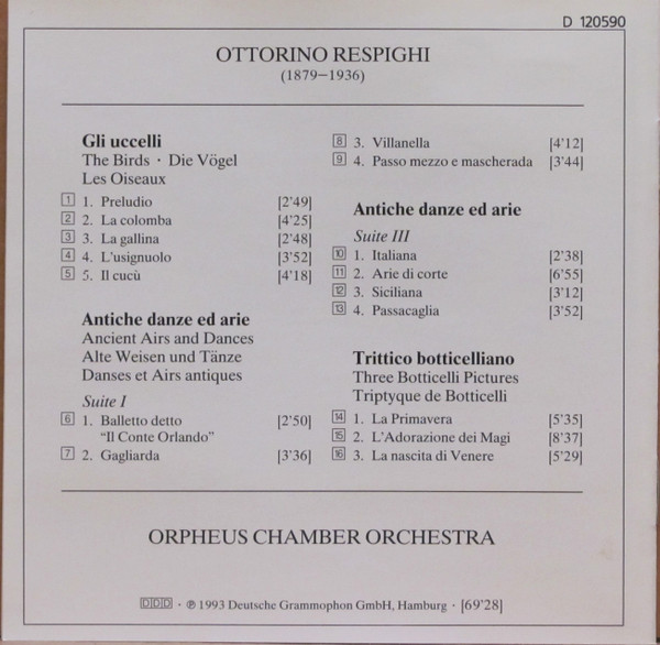 Ottorino Respighi • Orpheus Chamber Orchestra - Ancient Airs And Dances I & III • Three Botticelli Pictures • The Birds (CD, Album, Club) (Near Mint (NM or M-)) - Image 4