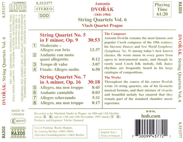 Antonín Dvořák, Vlach Quartet Prague - String Quartets Vol. 6 (No. 5 In F Minor, Op. 9 / No. 7 In A Minor, Op. 16) (CD, Album) (Near Mint (NM or M-)) - Image 2