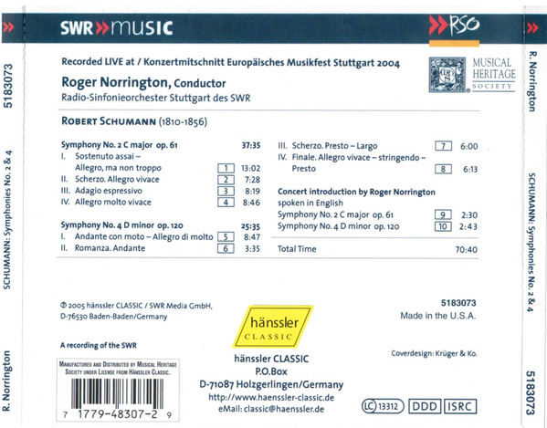 Robert Schumann - Roger Norrington, Radio-Sinfonieorchester Stuttgart - Symphonies No. 2 & No. 4 (CD, RE) (Mint (M)) - Image 2