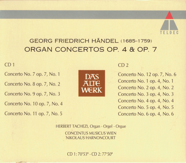 Georg Friedrich Händel – Herbert Tachezi, Concentus Musicus Wien, Nikolaus Harnoncourt - Organ Concertos Op. 4 & Op. 7 (2xCD, Album, RE) (Near Mint (NM or M-)) - Image 2