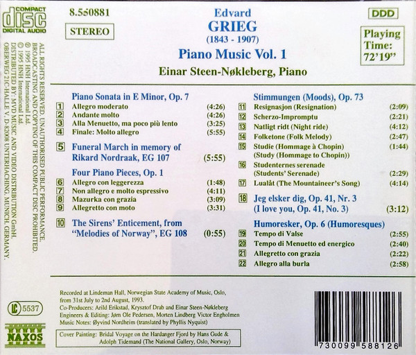 Edvard Grieg - Einar Steen-Nøkleberg - Piano Music Vol. 1 (CD, Album) (Near Mint (NM or M-)) - Image 2