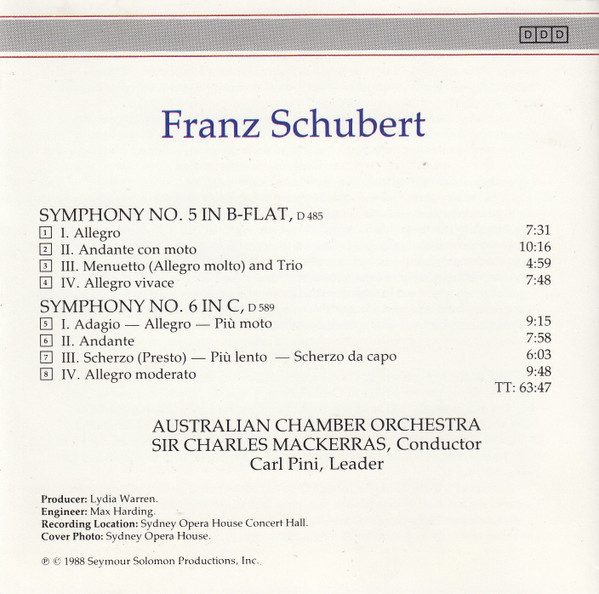 Franz Schubert, Australian Chamber Orchestra, Sir Charles Mackerras - Symphony No. 5 In B-Flat - Symphony No. 6 In C (CD, Album) (Near Mint (NM or M-)) - Image 2