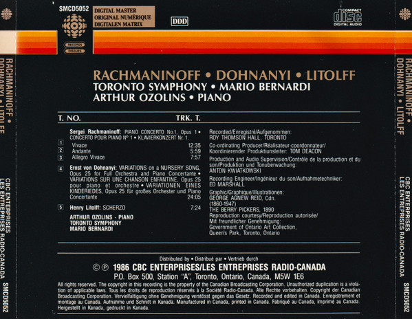 Sergei Vasilyevich Rachmaninoff, Ernst von Dohnányi, Henry Litolff / Toronto Symphony Orchestra, Mario Bernardi (2), Arthur Ozolins - Piano Concerto No. 1, Opus 1 / Variations On A Nursery Song / Scherzo (CD, Album) (Near Mint (NM or M-)) - Image 2