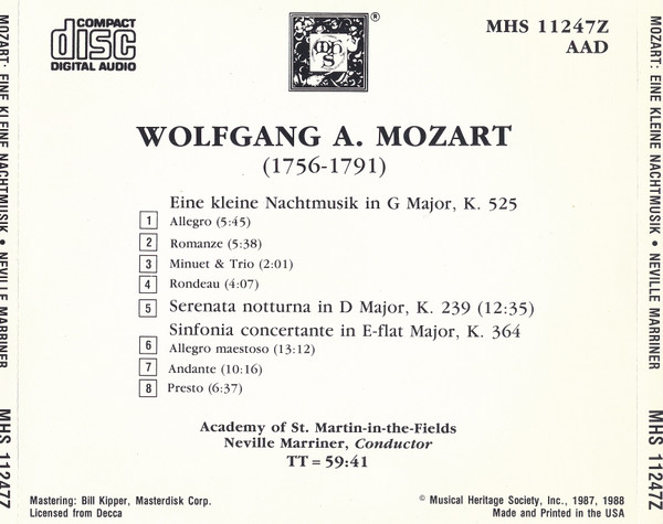 Wolfgang Amadeus Mozart - The Academy Of St. Martin-in-the-Fields / Sir Neville Marriner - Eine Kleine Nachtmusik (CD) (Near Mint (NM or M-)) - Image 2