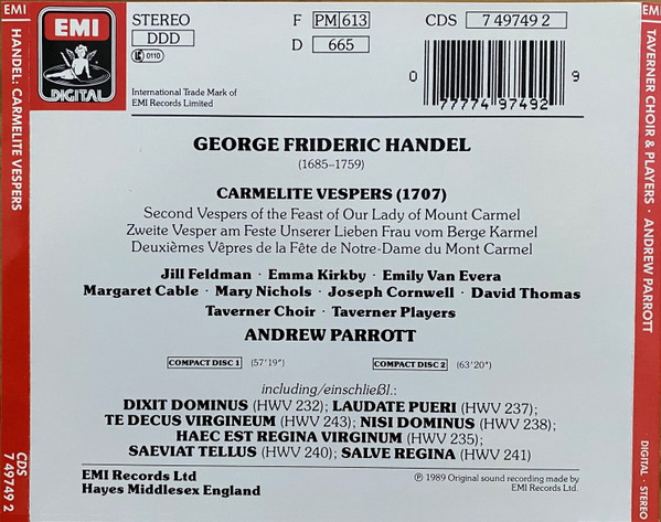 Georg Friedrich Händel, Taverner Choir, Taverner Players, Andrew Parrott - Carmelite Vespers (1707) (2xCD) (Near Mint (NM or M-)) - Image 2