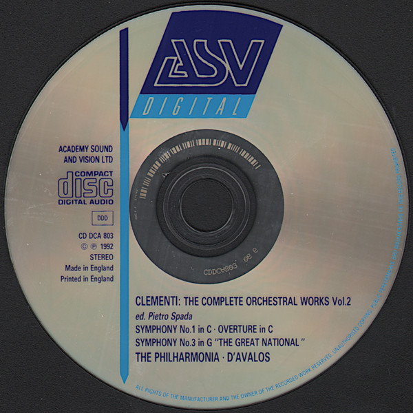 Muzio Clementi - Philharmonia Orchestra, Francesco D'Avalos - Symphony No.1 / Overture In C / Symphony No. 3 "The Great National" (Volume 2) (CD, RE) (Near Mint (NM or M-)) - Image 3