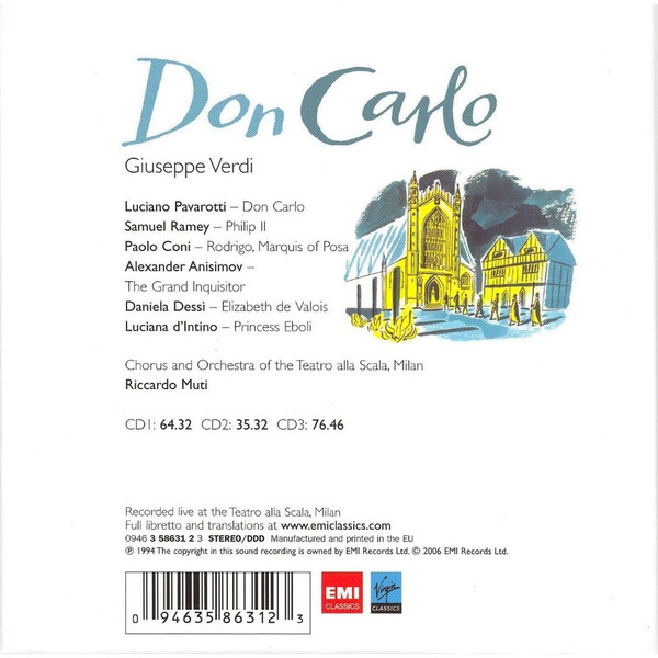 Giuseppe Verdi - Luciano Pavarotti · Samuel Ramey · Daniela Dessì · Luciana D'Intino · Paolo Coni · Coro Del Teatro Alla Scala And Orchestra Del Teatro Alla Scala · Riccardo Muti - Don Carlo (3xCD, Album, RE + Box) (Near Mint (NM or M-)) - Image 2