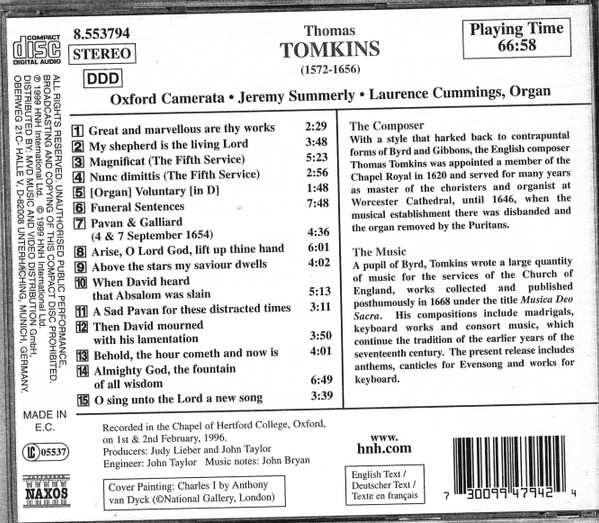 Thomas Tomkins - Oxford Camerata, Jeremy Summerly, Laurence Cummings - Choral And Organ Music (CD, Album) (Near Mint (NM or M-)) - Image 2