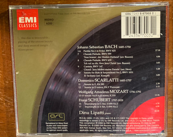 Johann Sebastian Bach . Wolfgang Amadeus Mozart . Domenico Scarlatti . Franz Schubert - Dinu Lipatti - Bach • Mozart • Scarlatti • Schubert - Lipatti (CD, Comp, Mono, RM) (Near Mint (NM or M-)) - Image 2