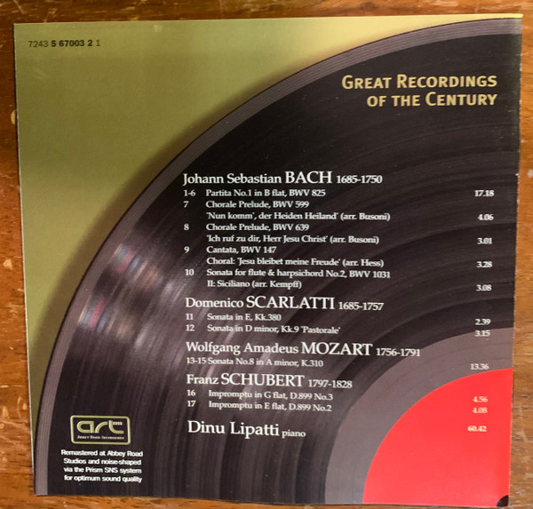 Johann Sebastian Bach . Wolfgang Amadeus Mozart . Domenico Scarlatti . Franz Schubert - Dinu Lipatti - Bach • Mozart • Scarlatti • Schubert - Lipatti (CD, Comp, Mono, RM) (Near Mint (NM or M-)) - Image 4