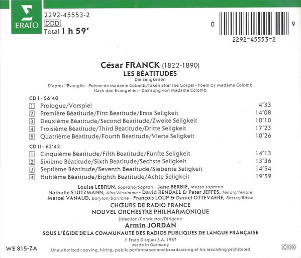 César Franck - Louise Lebrun, Jane Berbié, Nathalie Stutzmann, Marcel Vanaud, François Loup, Daniel Ottevaere, David Rendall, Peter Jeffes, Nouvel Orchestre Philharmonique De Radio-France & Chœur de Radio France, Armin Jordan - Les Béatitudes (2xCD, Album) (Near Mint (NM or M-)) - Image 2
