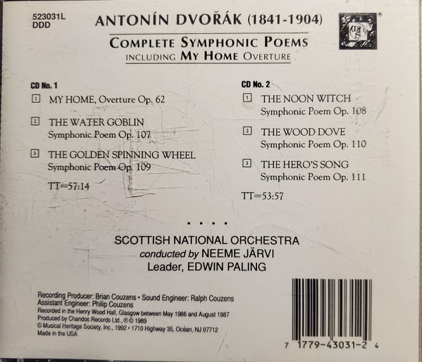 Antonín Dvořák, Royal Scottish National Orchestra, Neeme Järvi - Complete Symphonic Poems Including My Home Overture (CD, RE) (Near Mint (NM or M-)) - Image 2