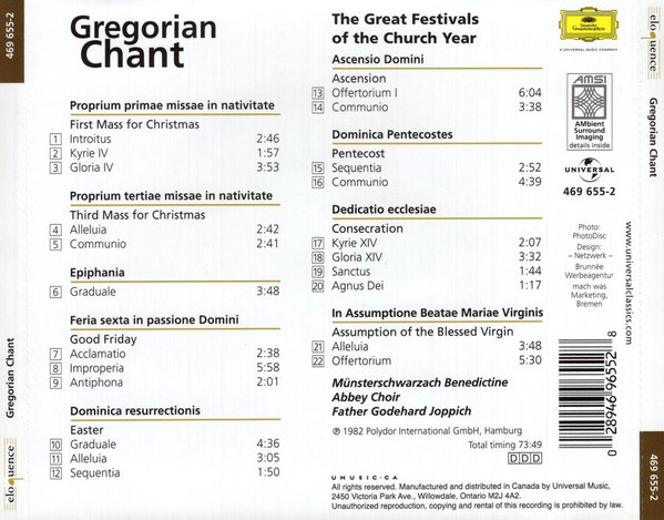 Choralschola Der Benediktinerabtei Münsterschwarzach, Godehard Joppich - Gregorian Chant (The Great Festivals Of The Church Year) (CD, Album) (Near Mint (NM or M-)) - Image 2
