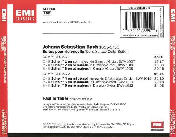 Johann Sebastian Bach · Paul Tortelier - Les 6 Suites Pour Violoncelle (The 6 Cello Suites) (2xCD, RM) (Near Mint (NM or M-)) - Image 2