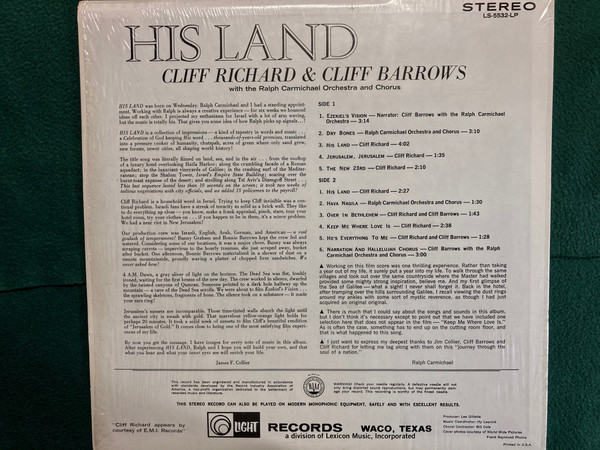 Cliff Richard & Cliff Barrows With Ralph Carmichael Orchestra And The Ralph Carmichael Singers - His Land (LP, Album) (Mint (M)) - Image 2
