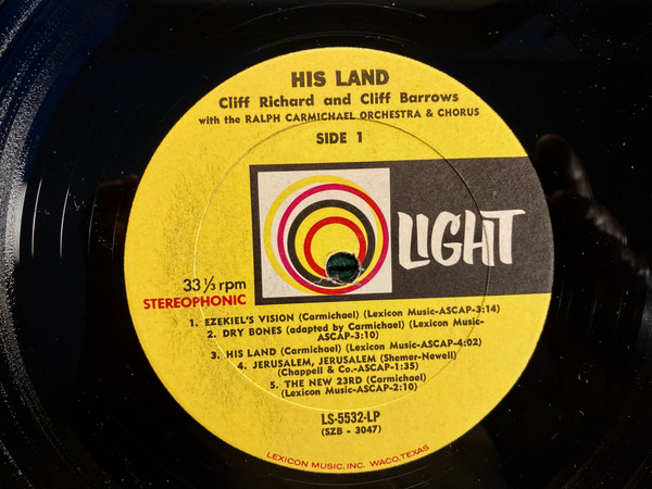 Cliff Richard & Cliff Barrows With Ralph Carmichael Orchestra And The Ralph Carmichael Singers - His Land (LP, Album) (Mint (M)) - Image 3