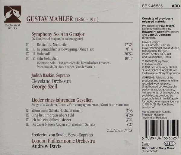 Gustav Mahler, Judith Raskin, Frederica von Stade, The Cleveland Orchestra, George Szell, London Philharmonic Orchestra, Andrew Davis - Symphony No. 4 / Lieder Eines Fahrenden Gesellen (CD, Comp, RE, RM) (Near Mint (NM or M-)) - Image 2