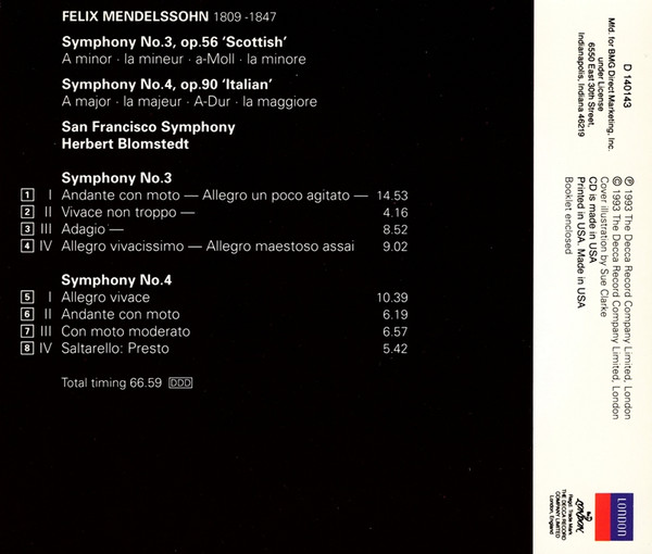 Felix Mendelssohn-Bartholdy, San Francisco Symphony, Herbert Blomstedt - Symphonies 3 "Scottish" & 4 "Italian" (CD, Album, Club) (Near Mint (NM or M-)) - Image 2