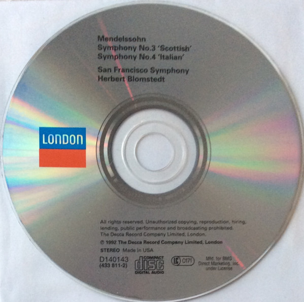 Felix Mendelssohn-Bartholdy, San Francisco Symphony, Herbert Blomstedt - Symphonies 3 "Scottish" & 4 "Italian" (CD, Album, Club) (Near Mint (NM or M-)) - Image 3