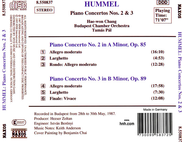 Johann Nepomuk Hummel, Hae-Won Chang, Budapest Chamber Ensemble, Tamás Pál - Piano Concertos No. 2, Op. 85 • No. 3, Op. 89 (CD, Album, RE) (Near Mint (NM or M-)) - Image 2