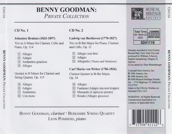 Benny Goodman • Ludwig van Beethoven, Johannes Brahms & Carl Maria von Weber / Berkshire String Quartet • Leon Pommers - Private Collection (2xCD, Comp, Mono, Club, RM) (Near Mint (NM or M-)) - Image 2