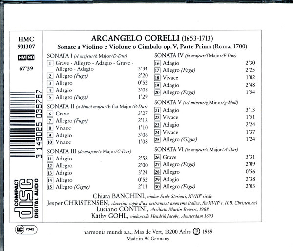 Arcangelo Corelli - Chiara Banchini, Jesper Bøje Christensen, Luciano Contini, Käthi Gohl - Sonate A Violino E Violone O Cimbalo Op.V (CD, Album) (Near Mint (NM or M-)) - Image 2