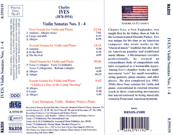Charles Ives, Curt Thompson, Rodney Waters - Violin Sonatas Nos. 1-4 (CD, Album) (Near Mint (NM or M-)) - Image 2