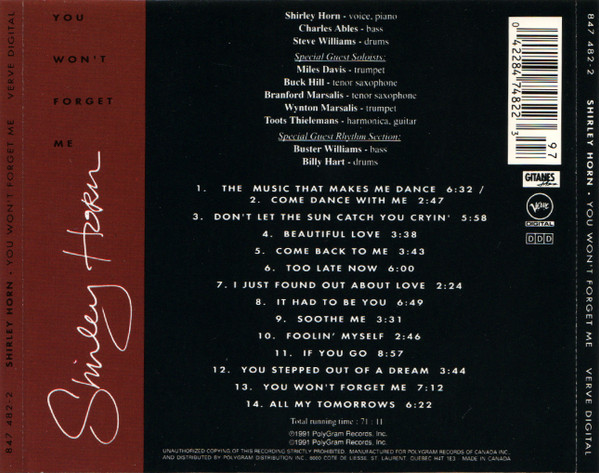 Shirley Horn - You Won't Forget Me (CD, Album) (Near Mint (NM or M-)) - Image 2