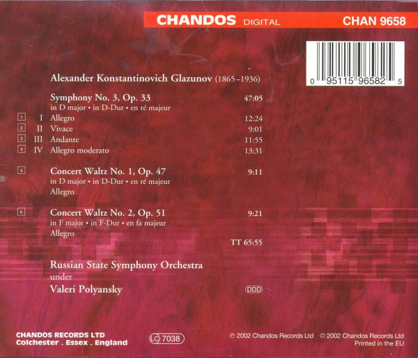 Alexander Glazunov - Russian State Symphony Orchestra, Valery Polyansky - Symphony No. 3 / Concert Waltzes Nos 1 & 2 (CD, Album) (Near Mint (NM or M-)) - Image 2