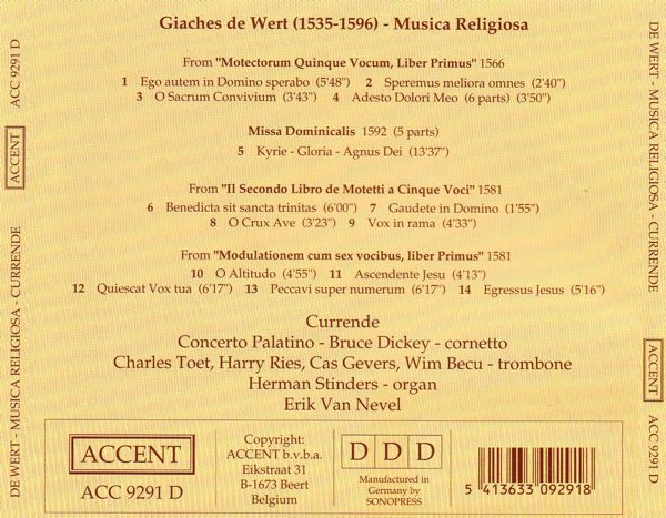 Giaches De Wert - Currende, Concerto Palatino, Erik Van Nevel - Musica Religiosa (CD) (Near Mint (NM or M-)) - Image 2