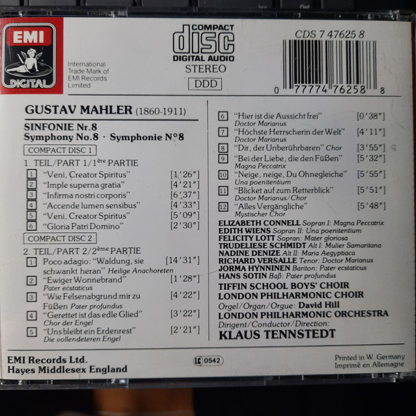 Mahler*, Klaus Tennstedt, London Philharmonic Orchestra & Choir*, Tiffin School Boys’ Choir*, Elizabeth Connell, Edith Wiens, Felicity Lott, Trudeliese Schmidt, Nadine Denize, Richard Versalle, Jorma Hynninen, Hans Sotin - Symphonie N°8 ("Symphony Of A Thousand") (2xCD, Album) (Near Mint (NM or M-)) - Image 3