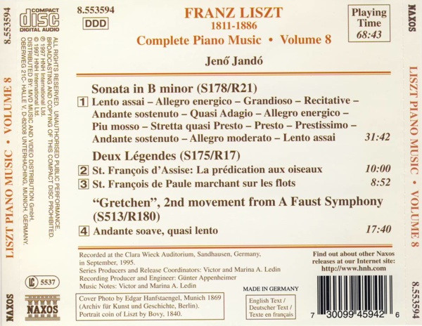 Franz Liszt, Jenö Jandó - Complete Piano Music • Volume 8 - Sonata In B Minor • Deux Légends • Gretchen (CD) (Near Mint (NM or M-)) - Image 2