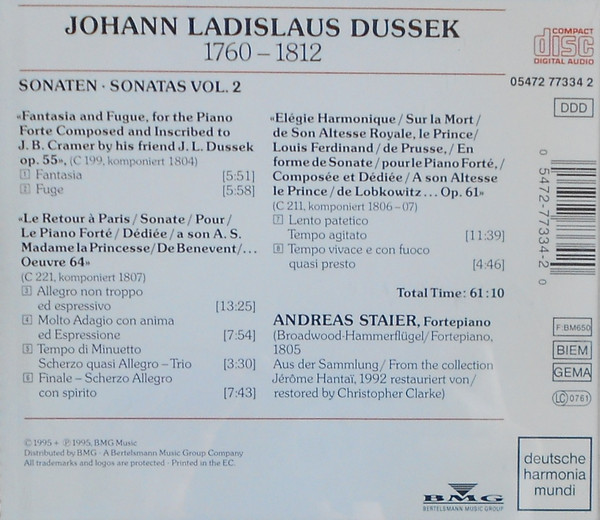 Jan Ladislav Dusík, Andreas Staier - Sonaten = Sonatas Vol. II (CD) (Near Mint (NM or M-)) - Image 2