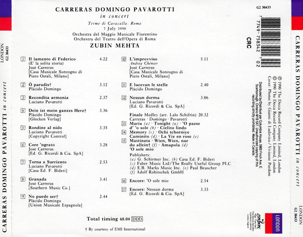 José Carreras, Placido Domingo, Luciano Pavarotti, Zubin Mehta - In Concert (CD, Album, Club, RE) (Near Mint (NM or M-)) - Image 2