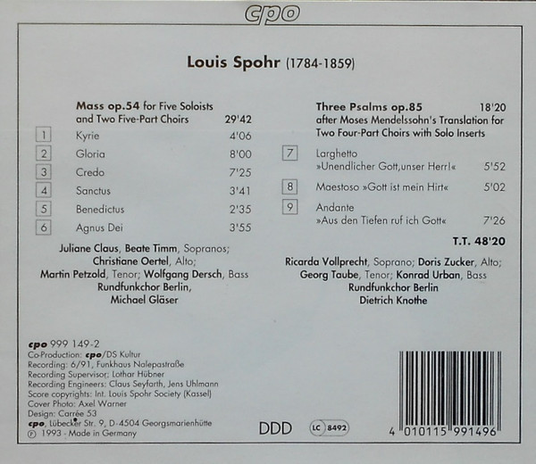 Louis Spohr - Rundfunkchor Berlin, Michael Gläser, Dietrich Knothe - Mass Op. 54, Psalms Op. 85 (CD, Album) (Near Mint (NM or M-)) - Image 2