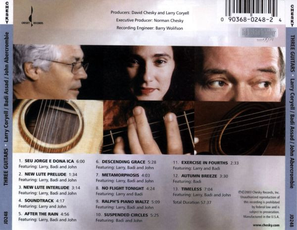 Larry Coryell, Badi Assad, John Abercrombie - Three Guitars (CD, Album) (Near Mint (NM or M-)) - Image 2