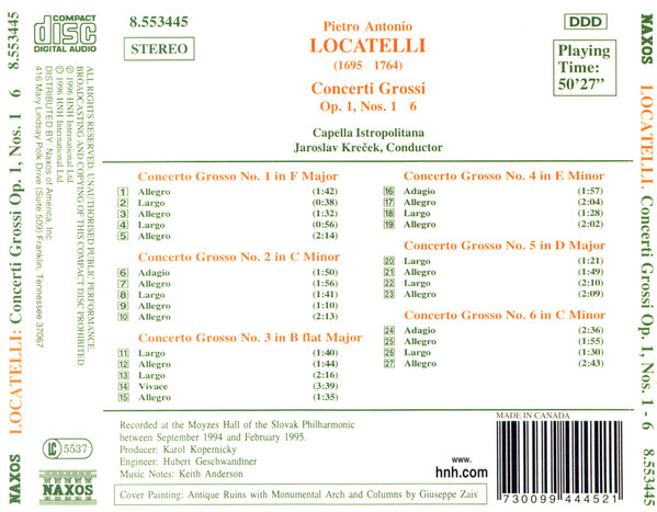 Pietro Antonio Locatelli - Capella Istropolitana, Jaroslav Krček - Concerti Grossi Op. 1, Nos. 1 - 6 (CD, Album, RE) (Near Mint (NM or M-)) - Image 2