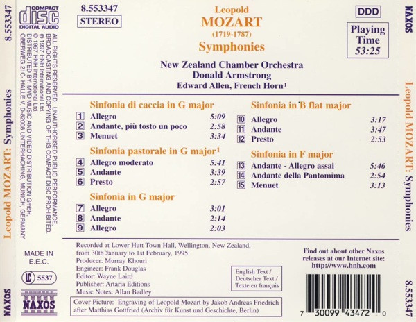 Leopold Mozart, New Zealand Chamber Orchestra, Donald Armstrong (2) - Sinfonia Di Caccia • Sinfonia Pastorale • Sinfonias In G, B Flat And F (CD, Album) (Near Mint (NM or M-)) - Image 2