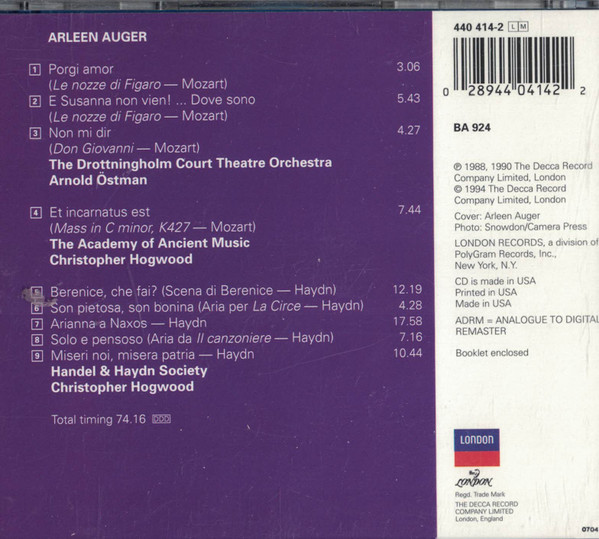 Wolfgang Amadeus Mozart, Joseph Haydn, Arleen Auger - Grandi Voci Arleen Auger (CD, RM) (Near Mint (NM or M-)) - Image 2