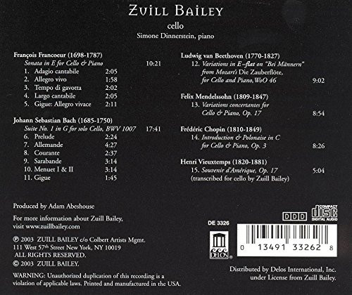 Zuill Bailey, François Francœur, Johann Sebastian Bach, Ludwig van Beethoven, Felix Mendelssohn-Bartholdy, Frédéric Chopin, Henri Vieuxtemps, Simone Dinnerstein - Cello Recital (CD) (Near Mint (NM or M-)) - Image 2