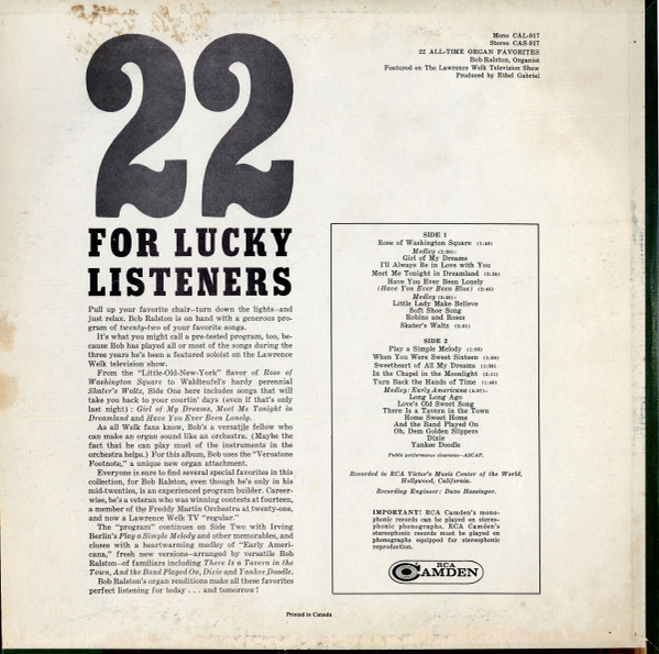 Bob Ralston (2) - 22 All-Time Organ Favorites (LP, Album, Mono) (Mint (M)) - Image 2