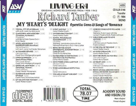 Richard Tauber - My Heart's Delight - Operetta Gems & Songs Of Romance 1928-1943 (CD, Comp, Mono) (Near Mint (NM or M-)) - Image 2