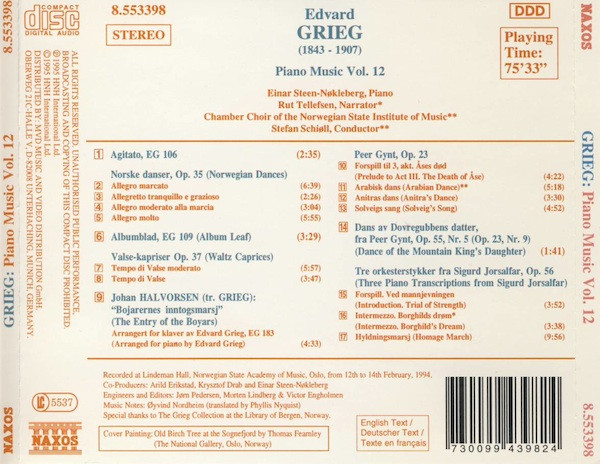 Edvard Grieg - Einar Steen-Nøkleberg, Rut Tellefsen, Chamber Choir Of The Norwegian State Institute Of Music, Stefan Schiøll - Piano Music Vol. 12 (CD, Album) (Near Mint (NM or M-)) - Image 2