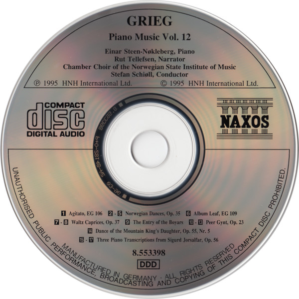 Edvard Grieg - Einar Steen-Nøkleberg, Rut Tellefsen, Chamber Choir Of The Norwegian State Institute Of Music, Stefan Schiøll - Piano Music Vol. 12 (CD, Album) (Near Mint (NM or M-)) - Image 3